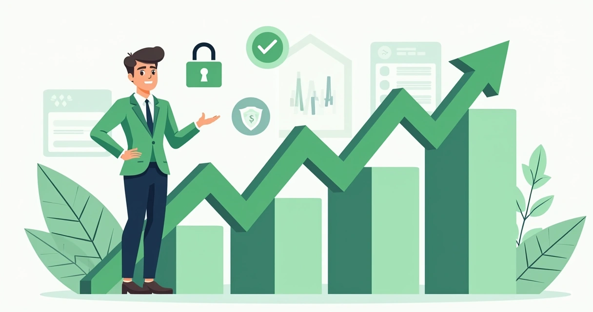 Ilustração corporativa de gráficos subindo com checkmarks verdes e ícones de segurança digital
