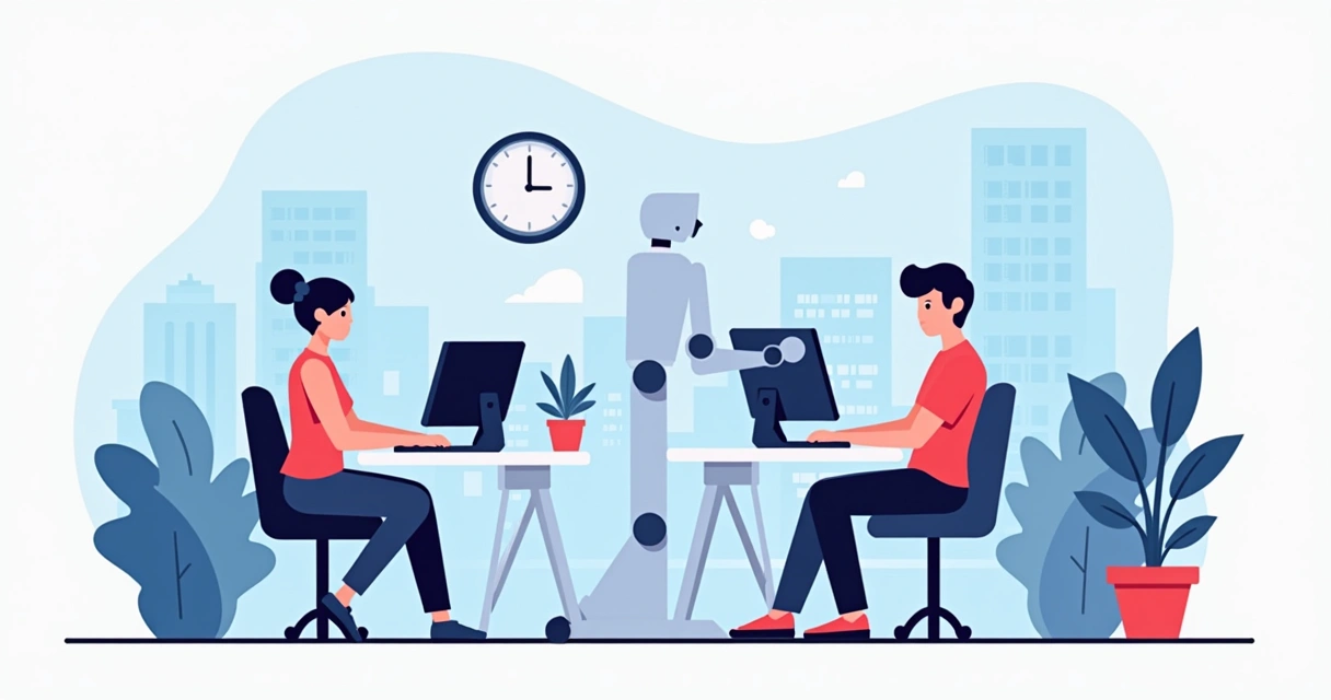 Ilustração corporativa mostrando lado a lado atendimento automatizado com robô e atendimento humanizado com pessoa no computador