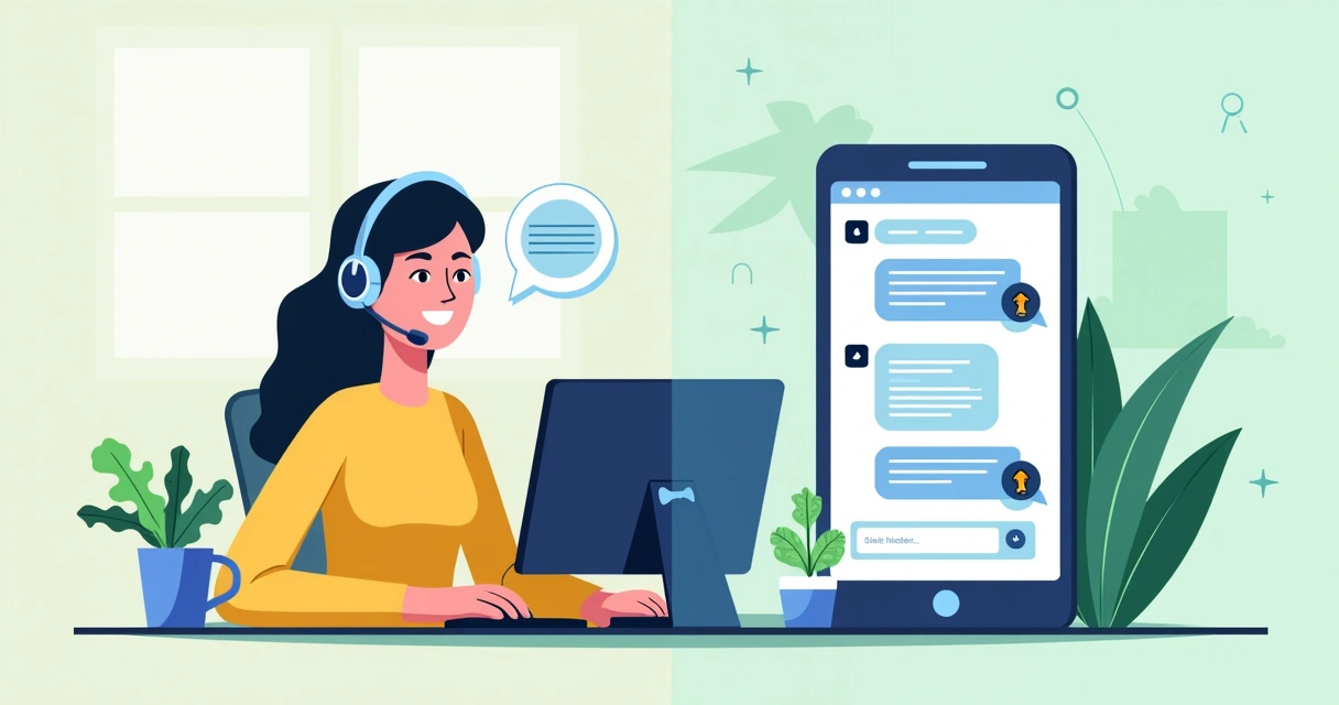 Ilustração dividida mostrando atendimento humanizado com agente ao telefone e suporte online com chat automatizado