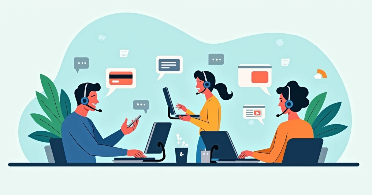 Ilustração corporativa de equipe atendendo clientes com suporte humanizado por telefone e chat
