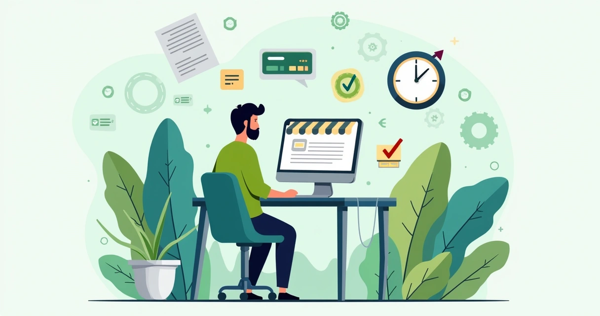Ilustração de empreendedor ativando loja digital com computador e documentos ao redor
