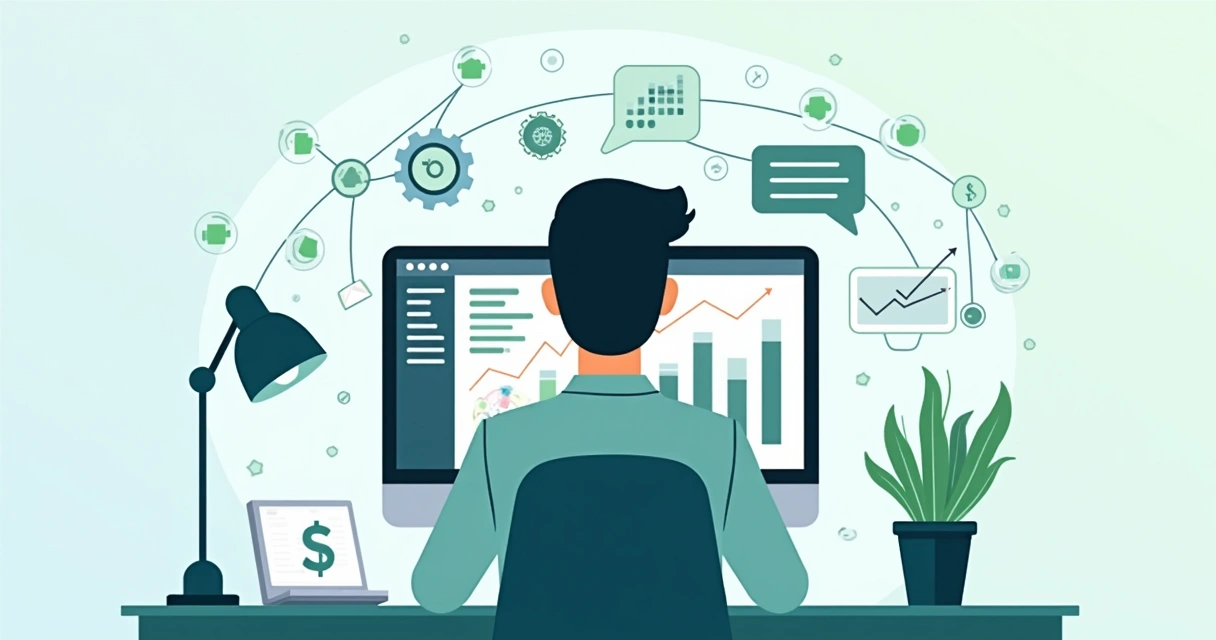 Pessoa usando sistema ERP no computador, com gráficos financeiros e ícones de automação ao redor