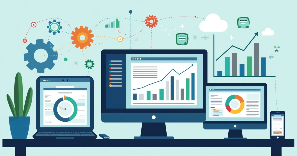 Ilustração corporativa mostrando integração de APIs para automação de vendas com gráficos, computadores e ícones de dados conectados