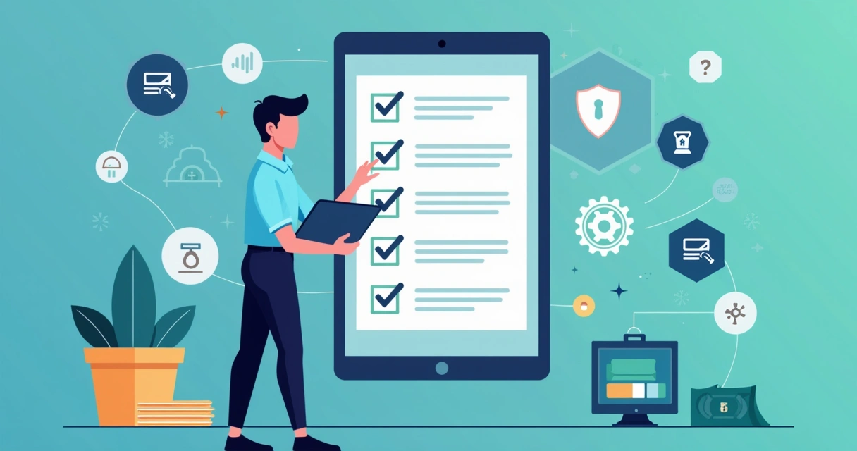 Ilustração de uma pessoa revisando checklist digital com ícones de segurança e pagamento ao redor