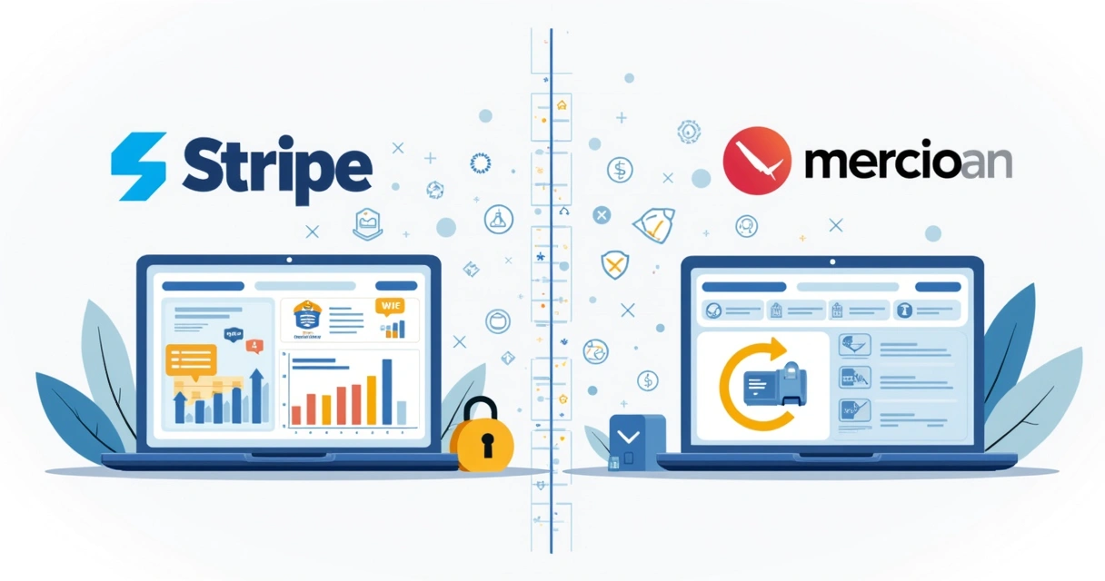 Ilustração corporativa plana mostrando a comparação de recursos antifraude entre Stripe e Mercado Pago com gráficos e ícones de segurança