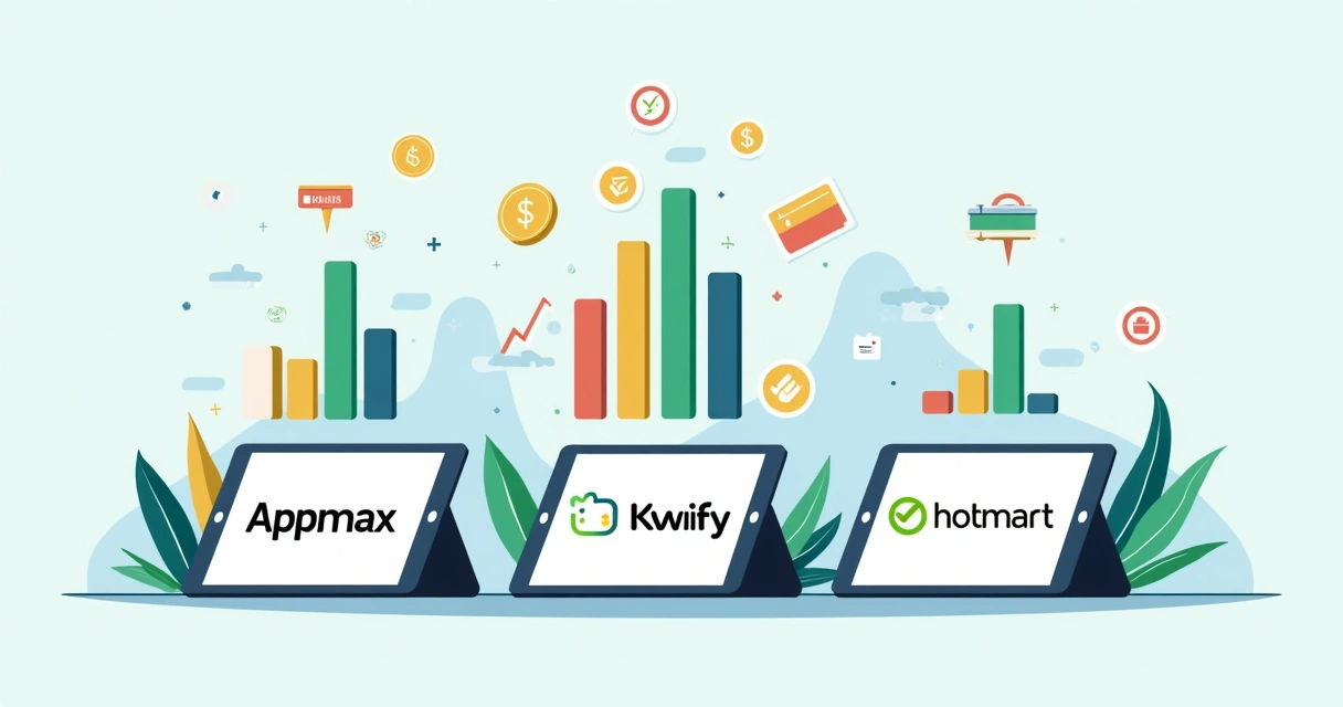 Ilustração corporativa plana mostrando três tablets com os logos da Appmax, Kiwify e Hotmart em telas, gráficos de aprovação de pagamentos com barras verdes subindo acompanhando cada tablet