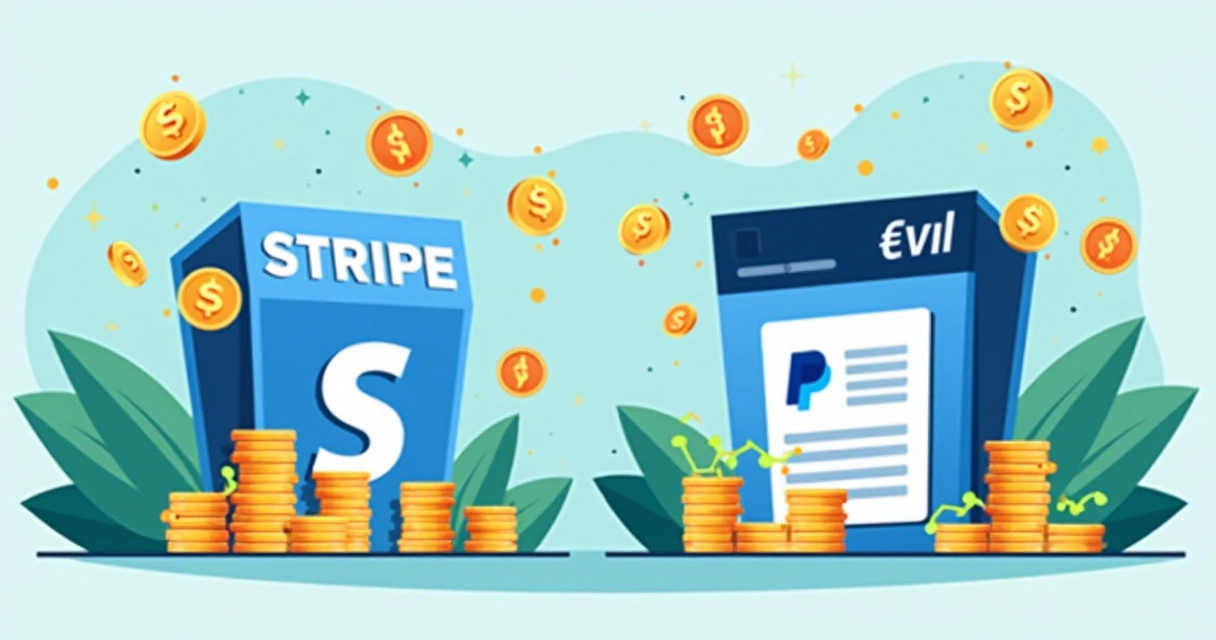 Ilustração mostrando comparativo entre Stripe e PayPal com ícones das duas plataformas, moedas e gráficos de pagamento