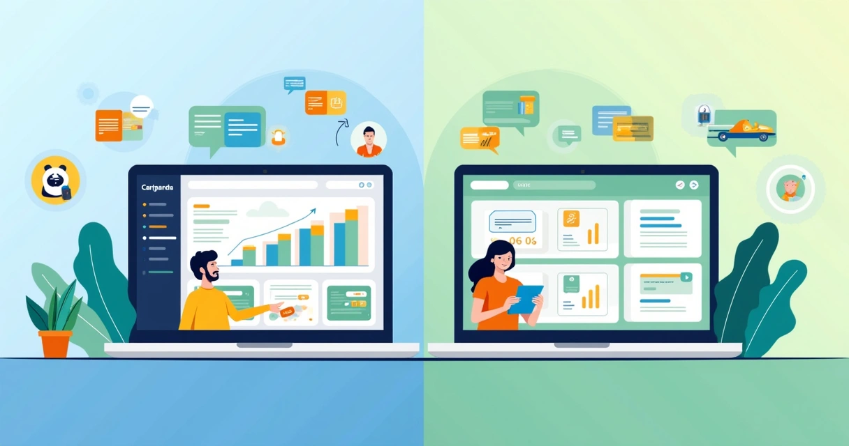 Ilustração corporativa mostrando comparação entre plataformas de pagamento Cartpanda e Mercado Pago no uso diário
