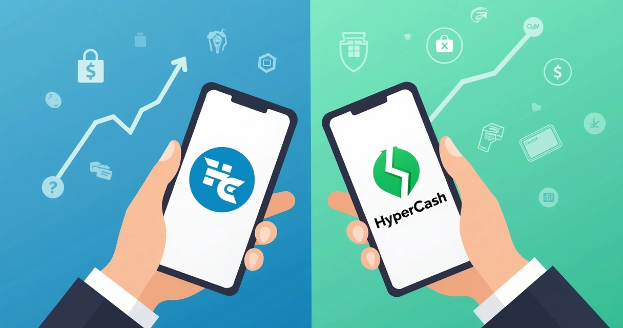 Ilustração corporativa plana mostrando duas mãos segurando smartphones, um com símbolo de concorrente famoso e outro com logo da HyperCash, com gráficos de crescimento e ícones de segurança ao fundo