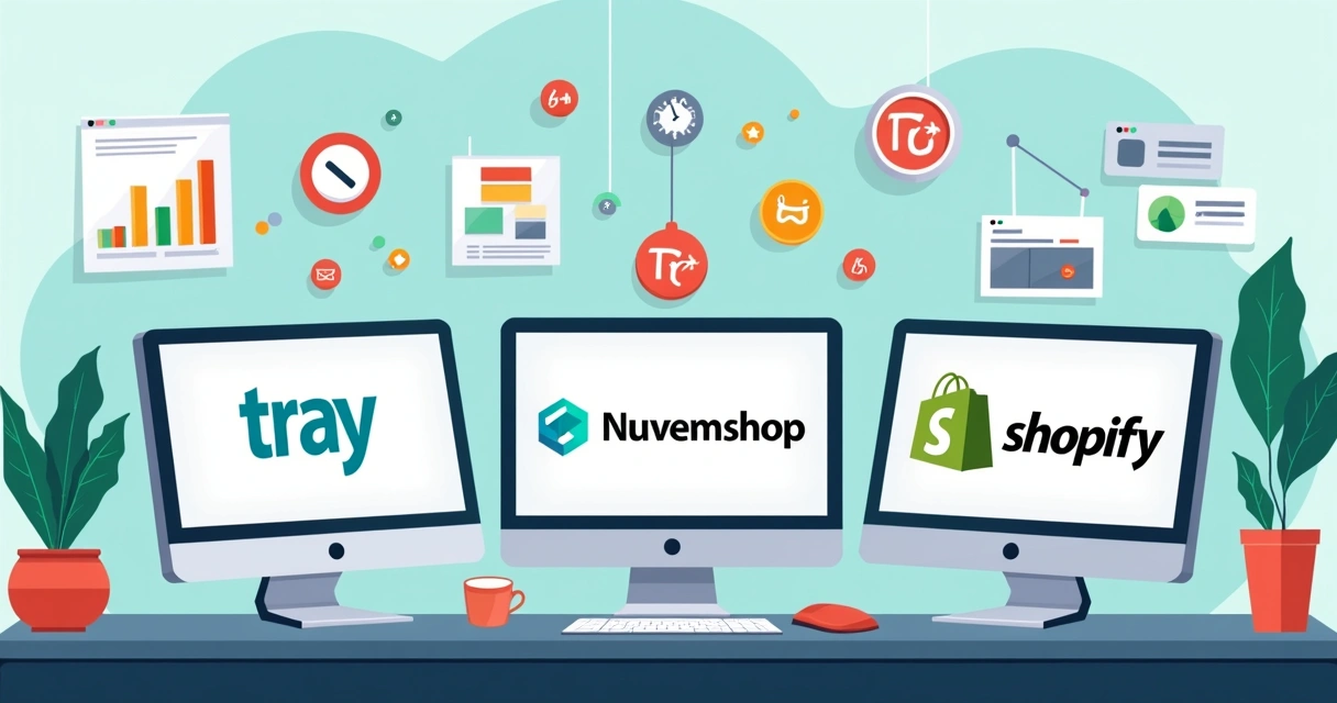 Ilustração corporativa de três telas de computador mostrando logos da Tray, Nuvemshop e Shopify em um escritório moderno com gráficos de crescimento e integração de pagamento
