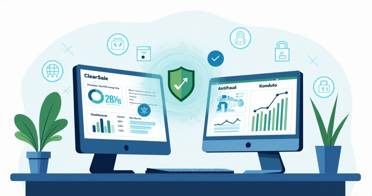 Ilustração corporativa de comparação entre sistemas antifraude com gráficos, computadores e ícones de segurança digital