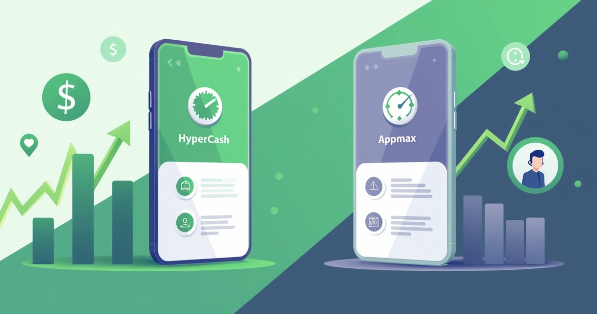 Ilustração comparando plataformas HyperCash e Appmax em transações rápidas e suporte ao cliente