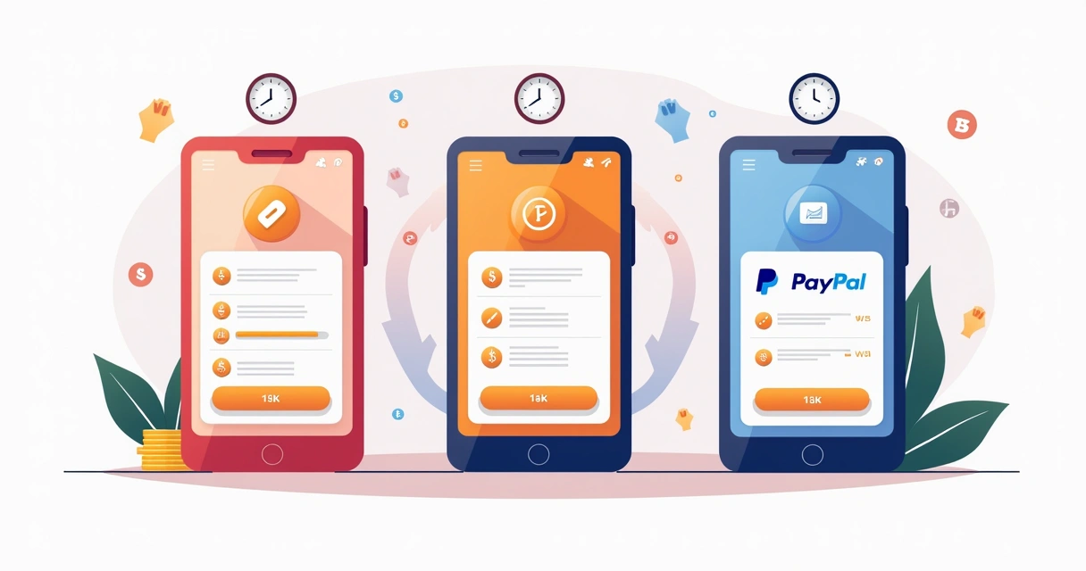 Ilustração corporativa flat mostrando três smartphones lado a lado com as interfaces de saque rápido da HyperCash, Mercado Pago e PayPal em destaque