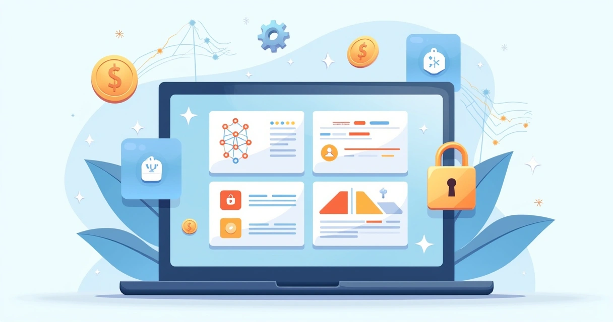 Ilustração corporativa mostrando configurações técnicas de gateway de pagamento com webhooks, antifraude e split de pagamentos em painel digital