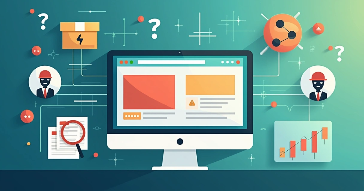 Ilustração corporativa flat mostrando tela de computador com alertas de fraude em dropshipping e sinais de alerta ao redor