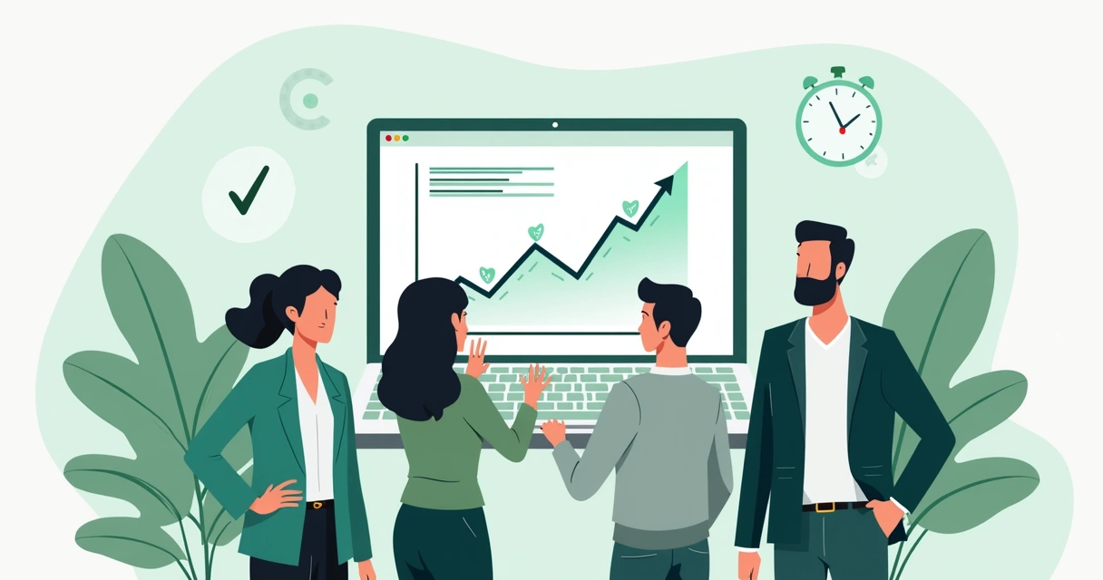 Ilustração corporativa de equipe analisando gráfico de volume de vendas em laptop com gráficos e ícones de transações ao redor