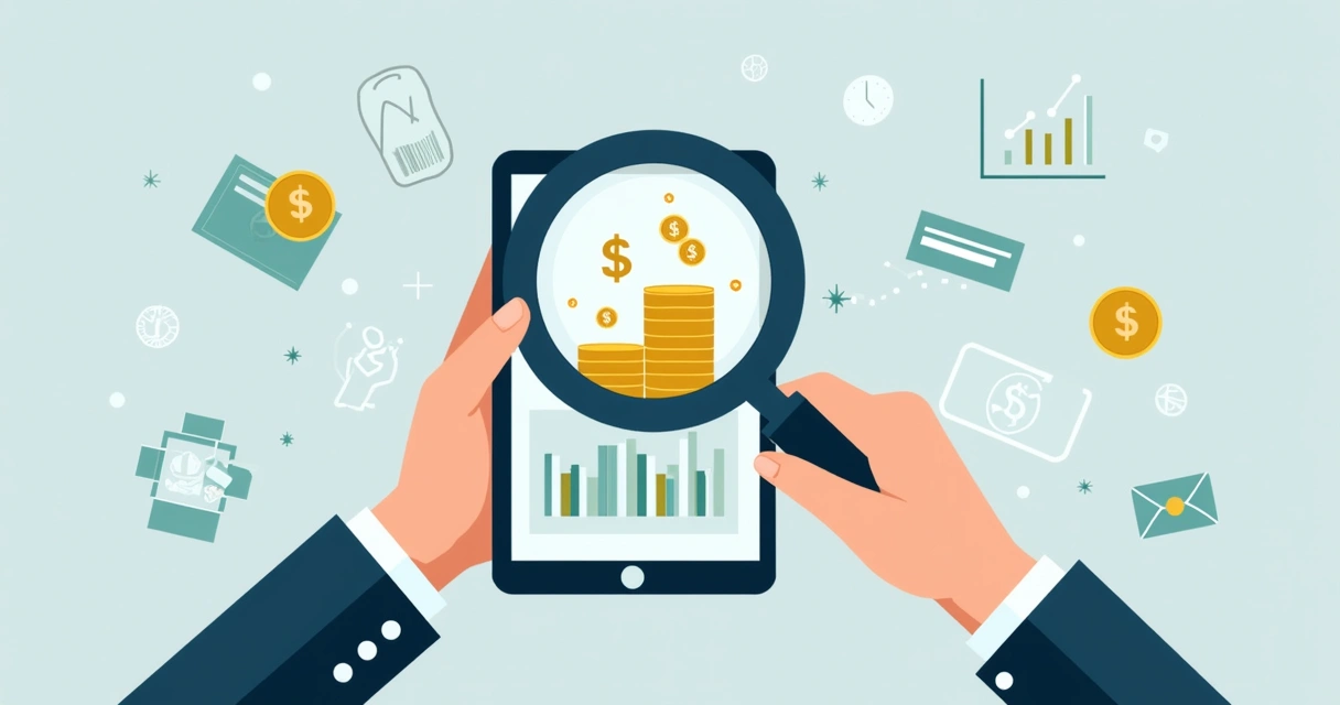 Ilustração corporativa de mãos segurando uma lupa que revela ícones de moedas e taxas escondidas em um dispositivo digital