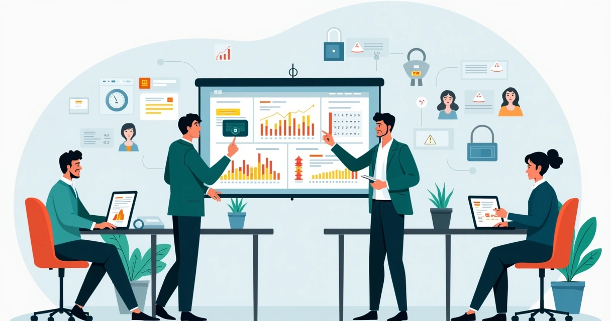 Ilustração corporativa mostrando equipe analisando dados de pedidos para detectar fraudes