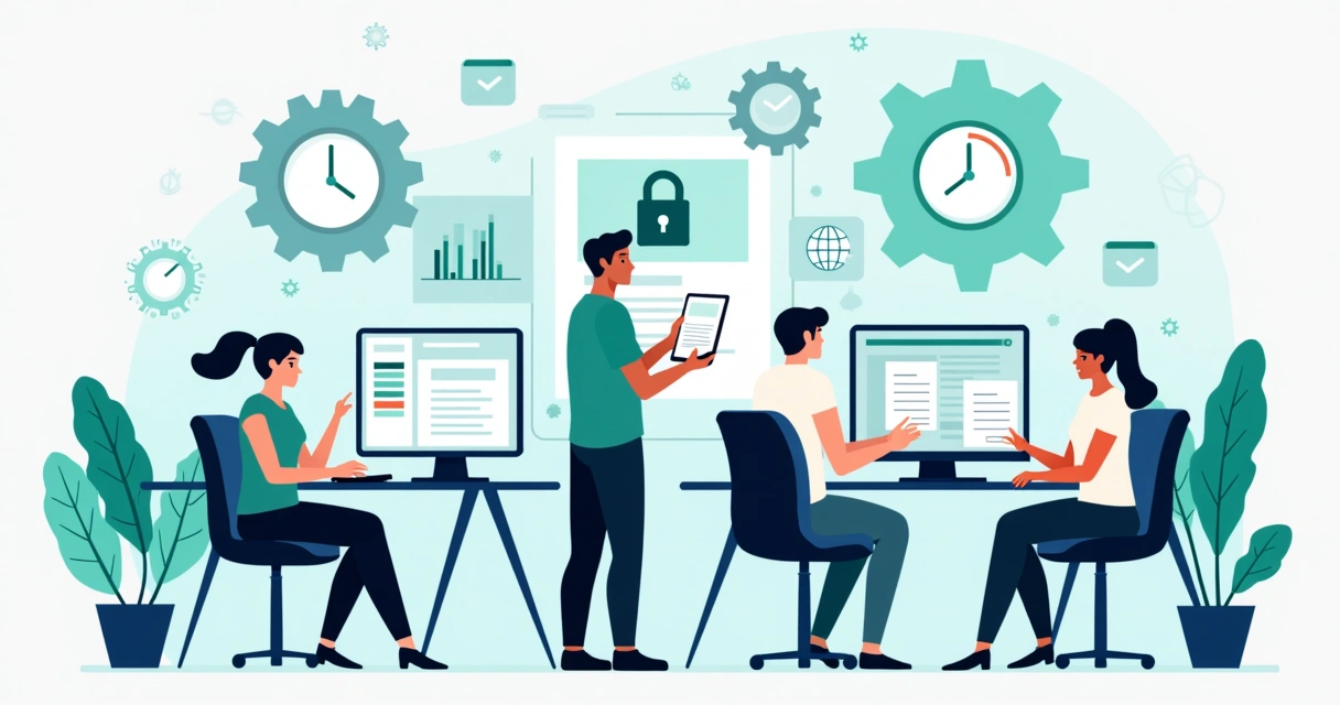 Ilustração corporativa mostrando pessoas usando computadores e dispositivos para automatizar processos burocráticos e enviar documentos digitais