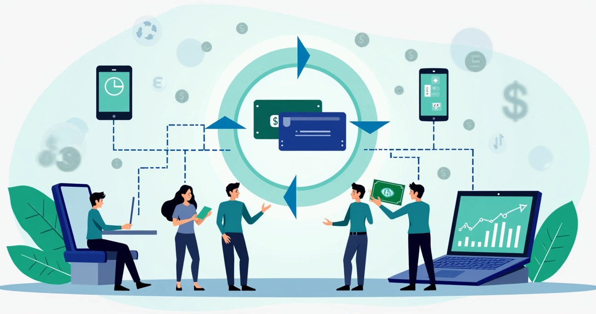 Ilustração corporativa plana mostrando divisão automática de pagamentos entre múltiplos dispositivos e perfis de usuário