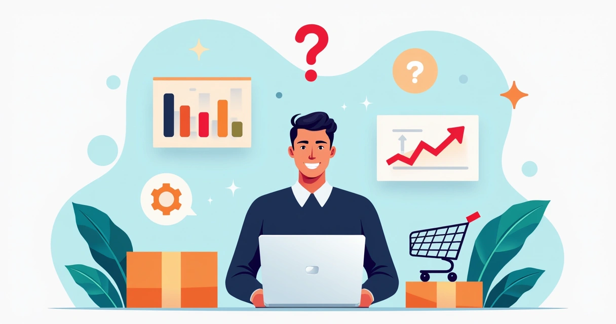 Ilustração corporativa mostrando um empreendedor digital em frente a um laptop com ícones de dúvidas, gráficos, pacotes e carrinhos de compra ao redor