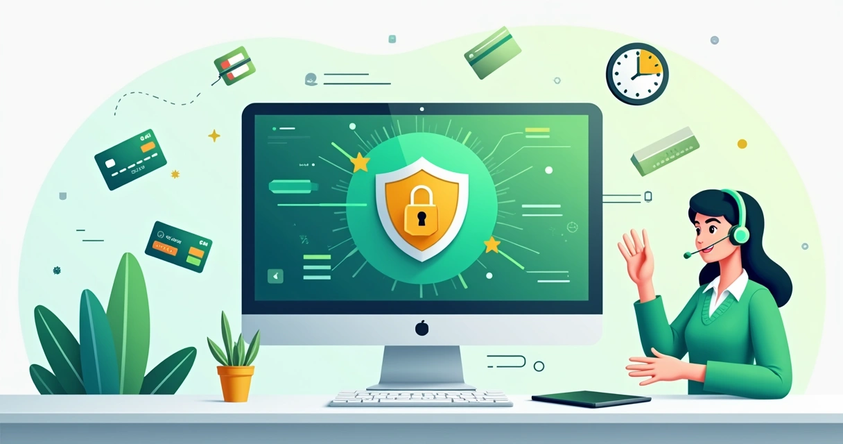 Ilustração corporativa de um computador com cadeado e escudo representando segurança em pagamentos online