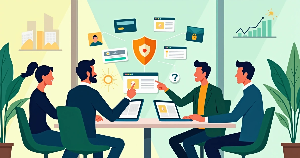 Empreendedores digitais analisando opções de gateways de pagamento em um ambiente moderno e colorido