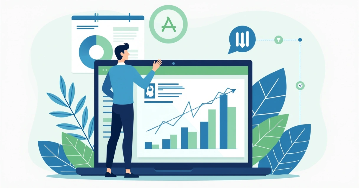 Ilustração corporativa mostrando uma pessoa fechando conta digital em laptop com gráficos e calendário ao fundo