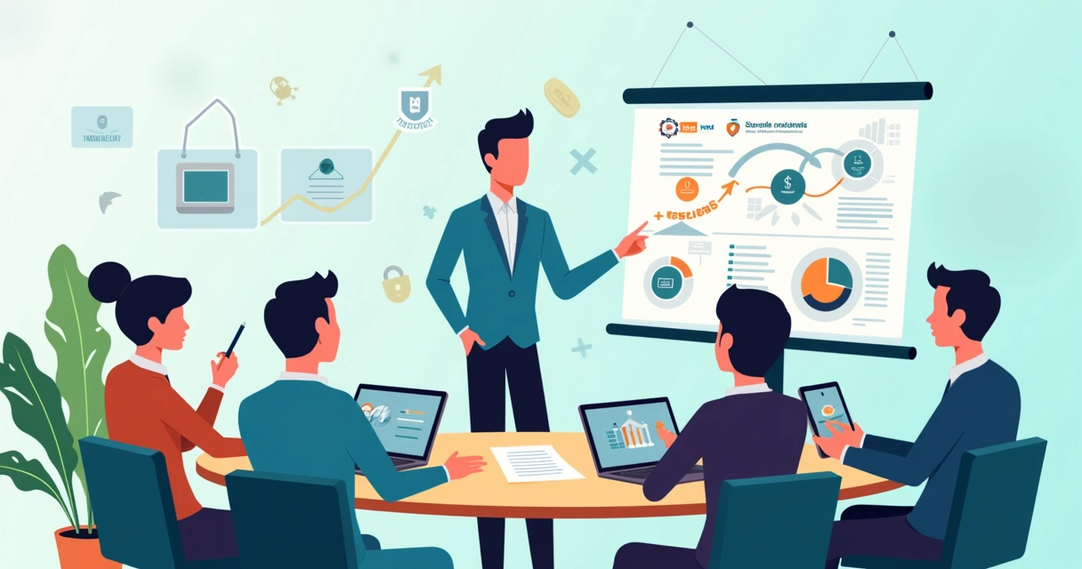 Ilustração corporativa de equipe explicando soluções de pagamento em reunião com gráficos e ícones de plataformas digitais