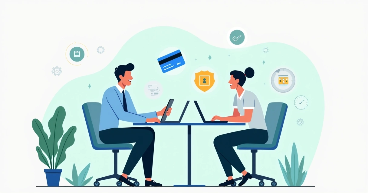 Ilustração flat corporativa de profissional explicando pagamento online para cliente com elementos de cartão, escudo de segurança e relógio