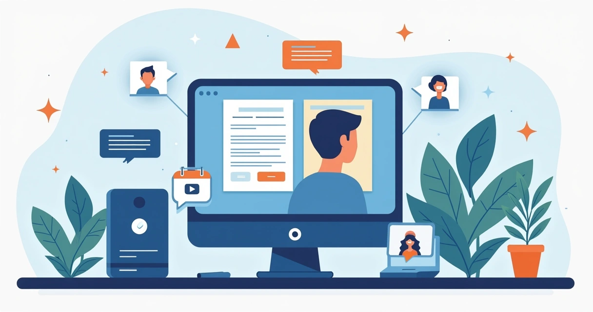 Ilustração flat mostrando tela de computador com diversas ferramentas de autoatendimento de suporte digital, como FAQ, base de conhecimento e tutoriais em vídeo