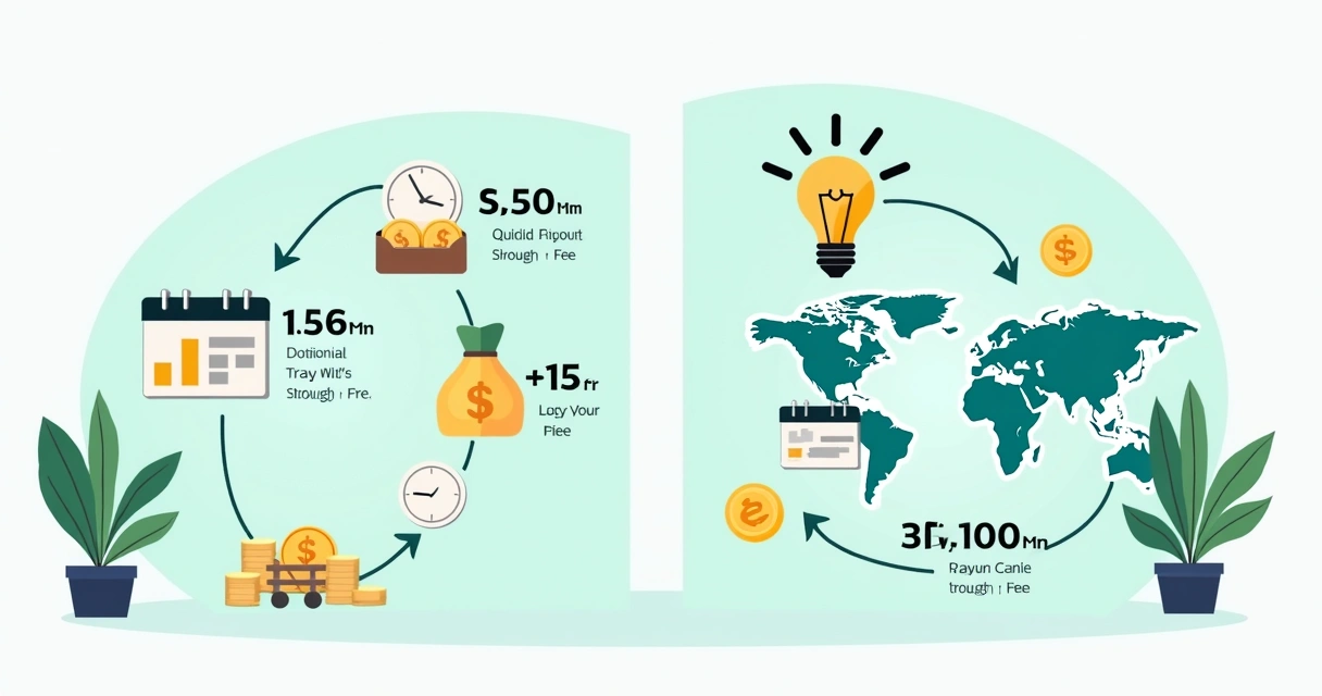 Ilustração corporativa plana mostrando dois caminhos de pagamento, um nacional e outro internacional, com ícones de moedas, taxas e calendários para prazos e saques