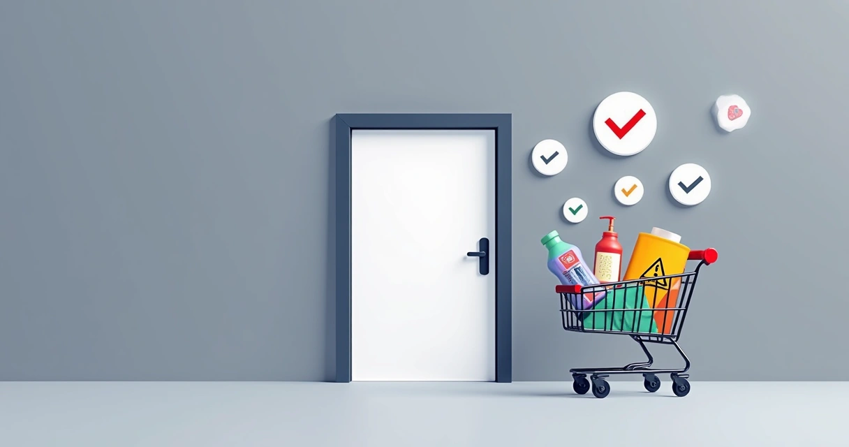Ilustração flat corporativa de uma porta digital com símbolos de aprovação, carrinho de compras e produtos variados ao redor
