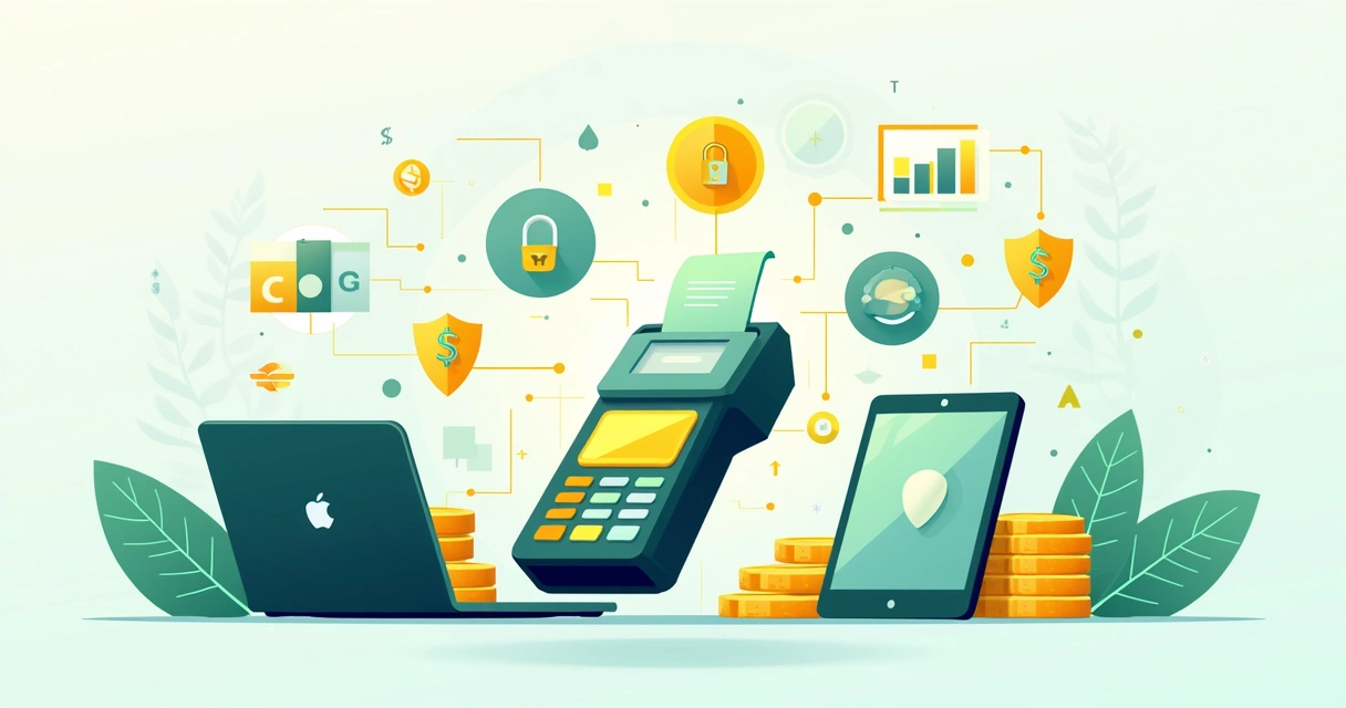 Ilustração corporativa de gateway de pagamento nacional conectado a dispositivos digitais e elementos financeiros
