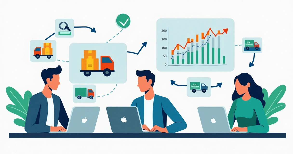 Ilustração corporativa plana mostrando um fluxo organizado de pedidos de dropshipping, com pessoas usando computadores e gráficos de crescimento