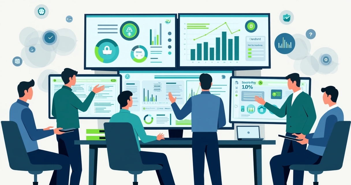 Ilustração corporativa em estilo flat mostrando uma equipe analisando gráficos e dados em telas digitais para gestão de risco e monitoramento de transações