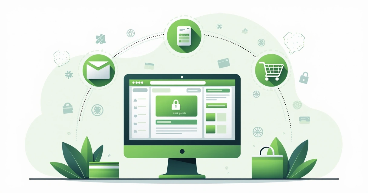 Ilustração corporativa mostrando integração rápida de checkout digital com ícones de plataformas populares e fluxo de transações seguras