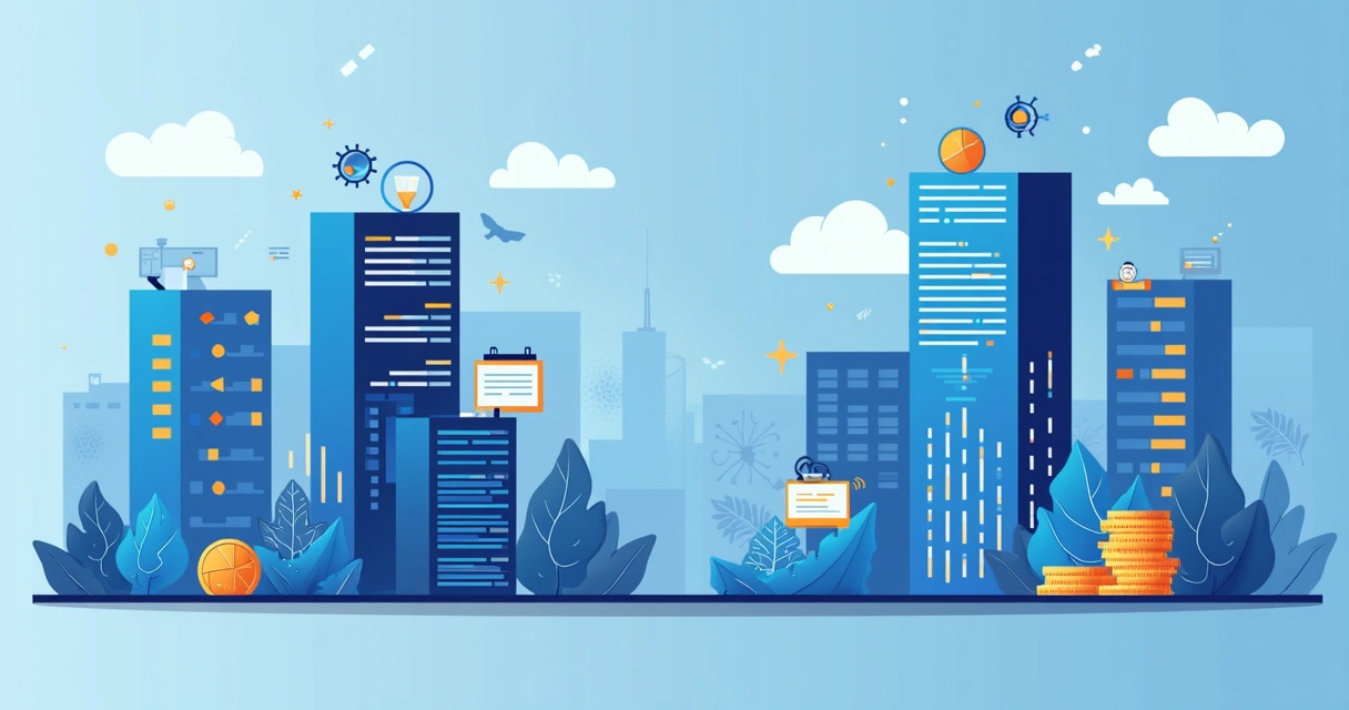 Ilustração corporativa mostrando comparação de ERPs Bling, Tiny e Conta Azul com ícones de fluxo financeiro e estoque