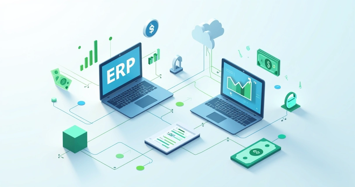Ilustração corporativa flat mostrando integração entre sistema ERP e gateway de pagamento com elementos digitais e gráficos de transações