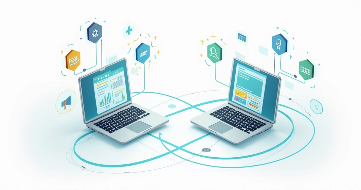 Ilustração corporativa de duas plataformas digitais conectadas por linhas com ícones de gateways, ERPs e marketing ao redor