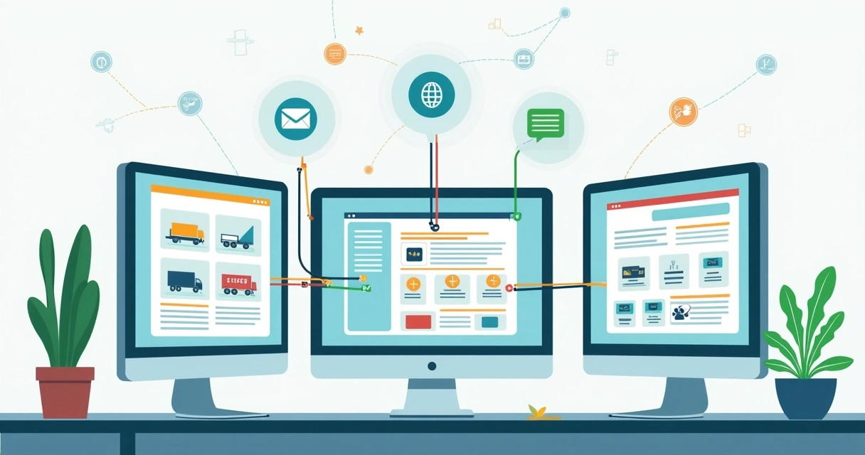 Ilustração flat corporativa mostrando integração de plataformas de e-commerce com gateways de pagamento, plugins logísticos e ferramentas de marketing