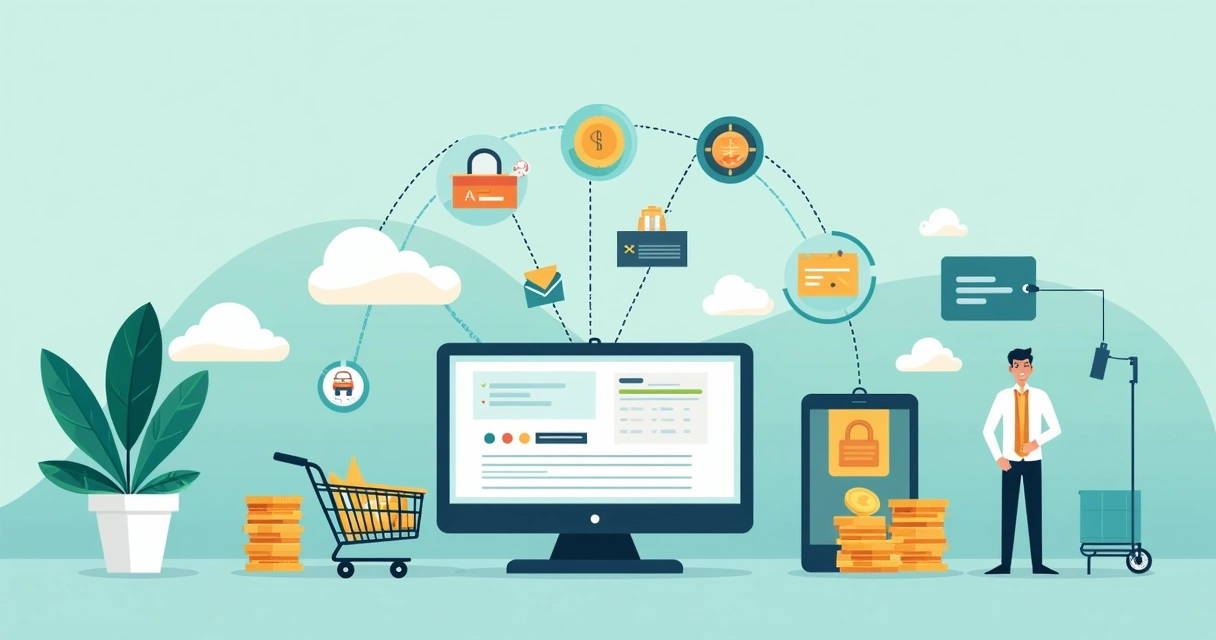 Ilustração plana corporativa mostrando integração automática entre plataformas de e-commerce e sistemas de pagamento com ícones de carrinho, nuvem e moedas conectados por linhas