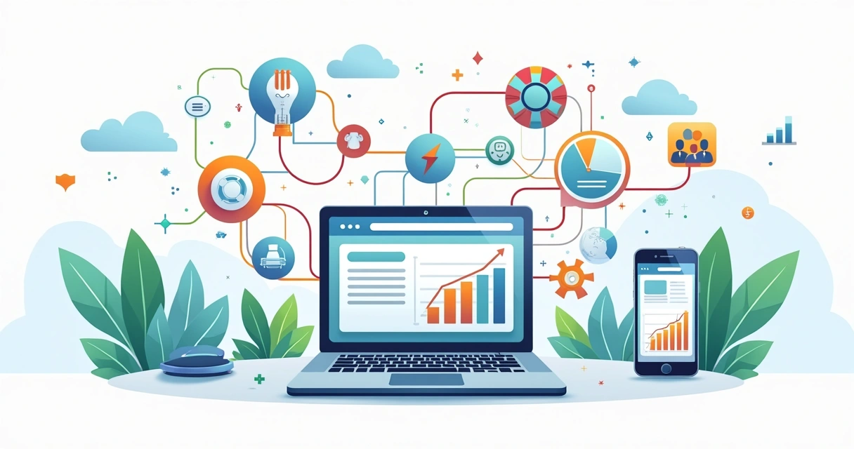 Ilustração flat corporate com várias ferramentas digitais conectadas por linhas e ícones de automação