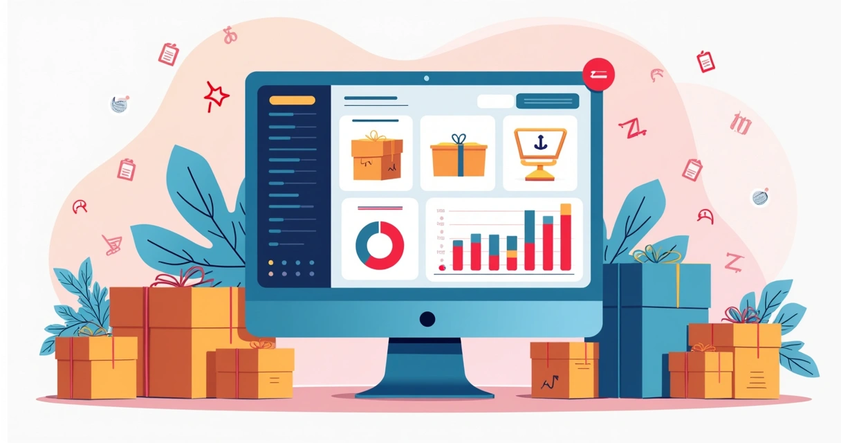 Ilustração de loja digital com pacotes de produtos, calendário marcando datas festivas e gráficos de crescimento de vendas