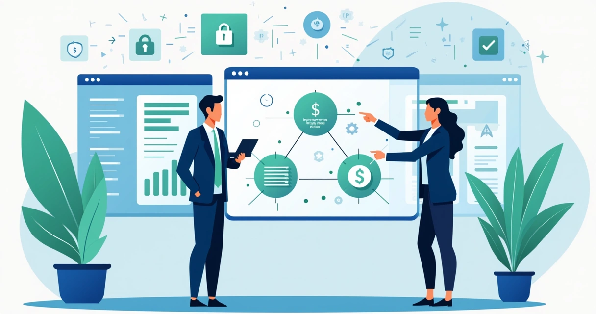 Ilustração corporativa de profissionais migrando dados entre gateways de pagamento em tela digital