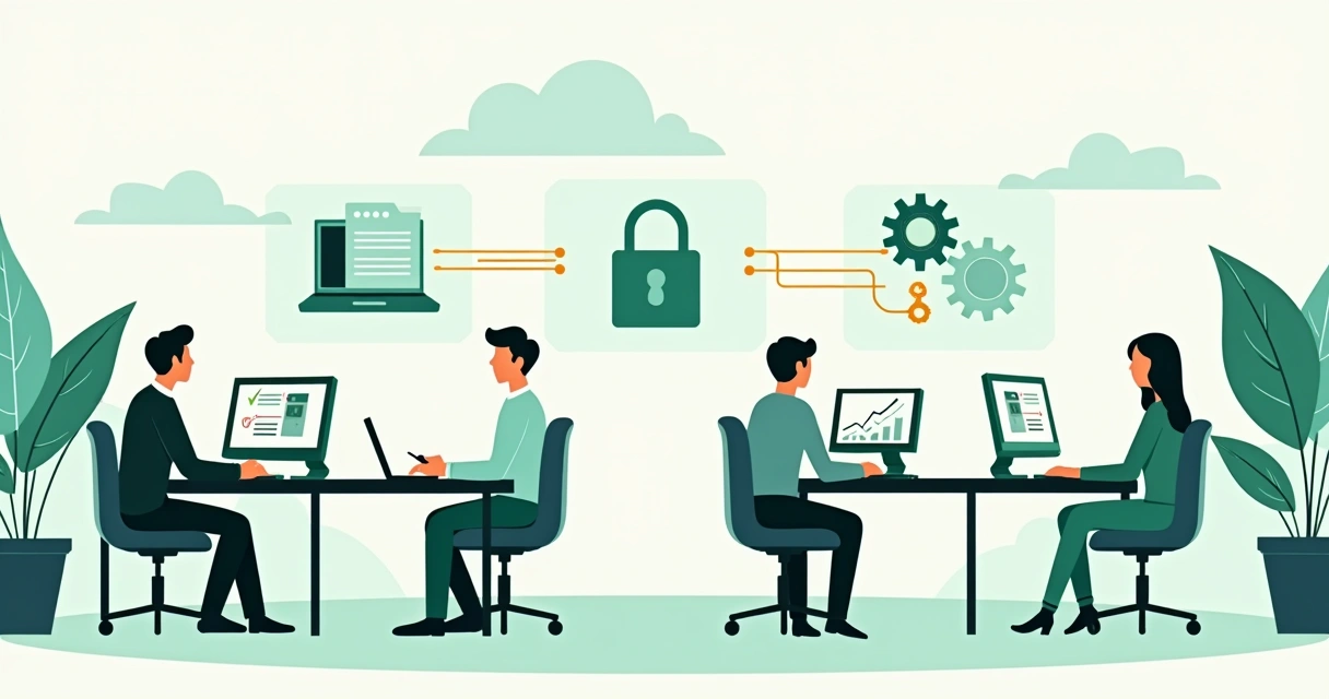 Ilustração plana corporativa mostrando pessoas realizando migração segura de gateway de pagamento com backup, testes e integração
