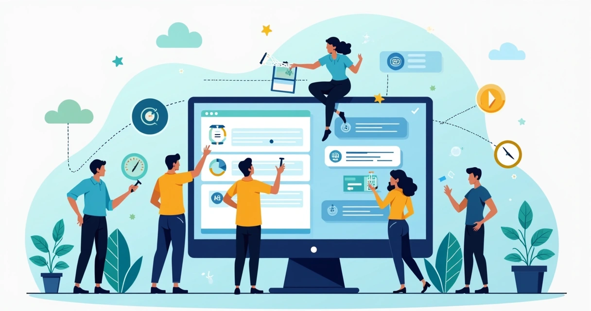 Ilustração corporativa de equipe digital fazendo migração de gateway, com etapas visíveis na tela do computador