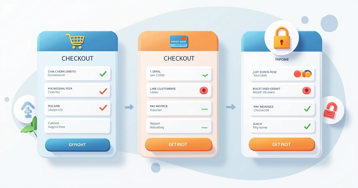 Três modelos diferentes de checkout digital ilustrados com elementos de carrinho de compras, formulários online e botões de pagamento coloridos