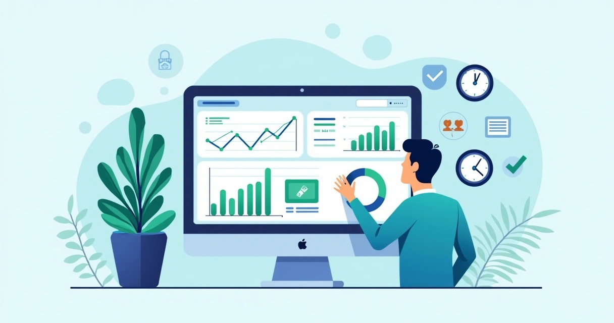 Ilustração corporativa mostrando uma dashboard de monitoramento com gráficos de desempenho financeiro e indicadores de estabilidade de pagamento, com fundo azul claro e elementos modernos e minimalistas