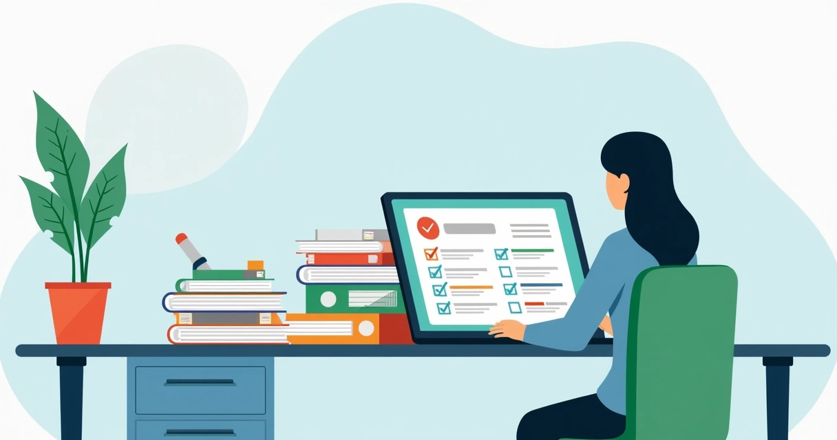 Ilustração corporativa plana de profissional organizando documentos com checklist ao lado e laptop aberto